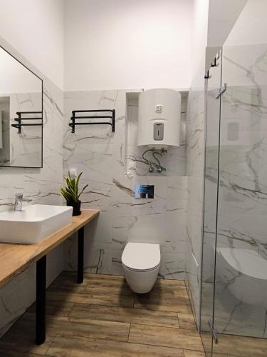 a bathroom with a toilet and a sink and a shower at Place4You Studio w Sercu Ostródy in Ostróda
