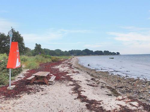 a picnic table on a beach next to the water at Holiday Home Iorund - 550m from the sea by Interhome in Haderslev