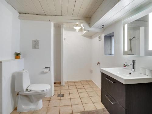 a white bathroom with a toilet and a sink at Holiday Home Aughe - 25km from the sea by Interhome in Bredebro