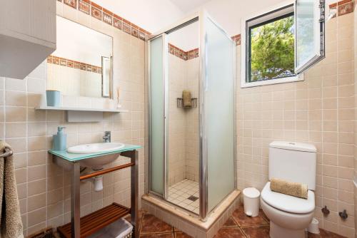 a bathroom with a shower and a toilet and a sink at Villa Gregal in Cala Blanca