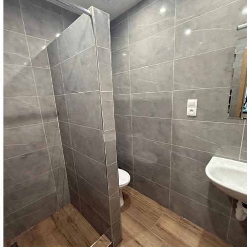 a bathroom with a toilet and a sink at Apartmány POKOJ in Podhájska