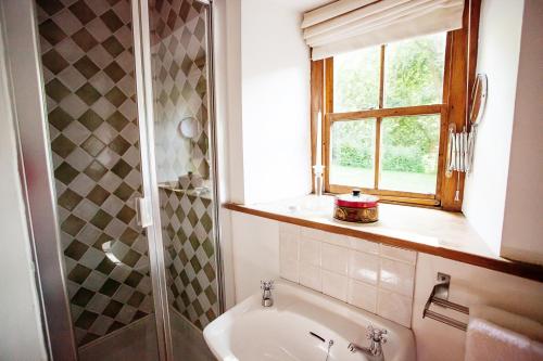 a bathroom with a sink and a window and a shower at Gardeners Cottage in Llanrhyddlad