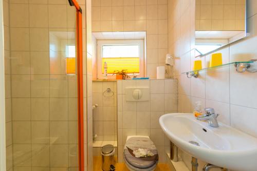 a bathroom with a sink and a shower at Hotel Am Müritzhafen garni in Waren