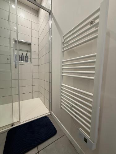 a shower with a glass door in a bathroom at T2 proche Techn'hom in Cravanche
