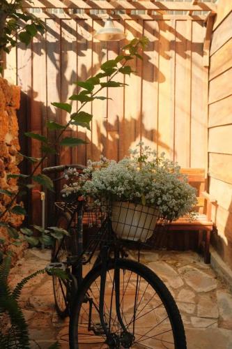 a bike with a basket full of flowers at Ôna's House - Homestay Pleiku in Pleiku
