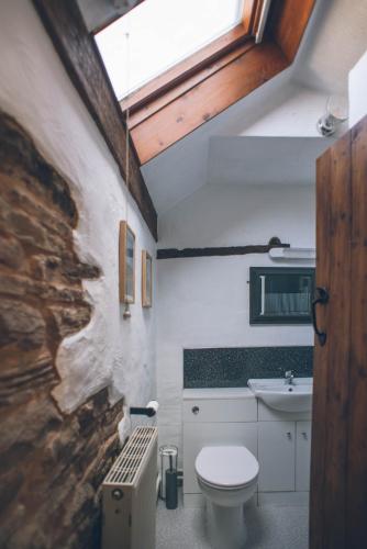 a bathroom with a toilet and a sink at Wisteria Cottage Wye Valley AONB in Llangarren