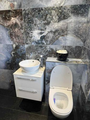 a bathroom with a white toilet and a sink at House in Watford