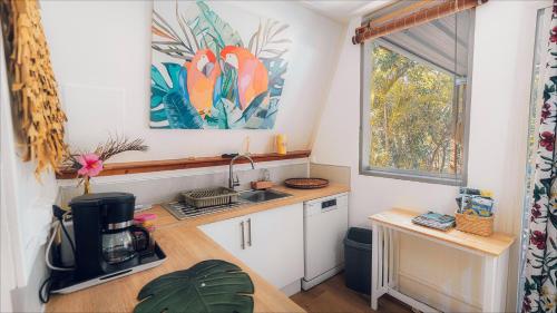 a small kitchen with a sink and a window at Appart. VANILLE T3 en RDJ proche du lagon in Saint-Gilles les Bains