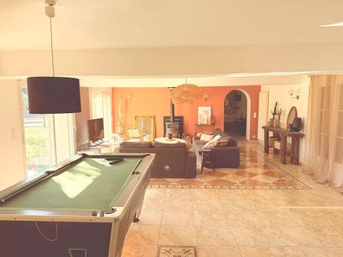 a living room with a pool table in it at Maison TENERYL ancien corps de ferme rénové in Saint-Benoît-sur-Loire