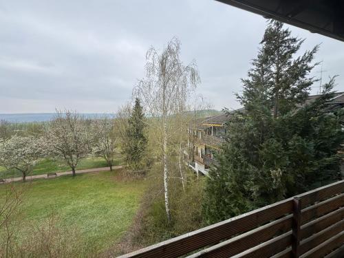 a view from the balcony of a house with a fence at Parkhotel Maasberg in Bad Sobernheim
