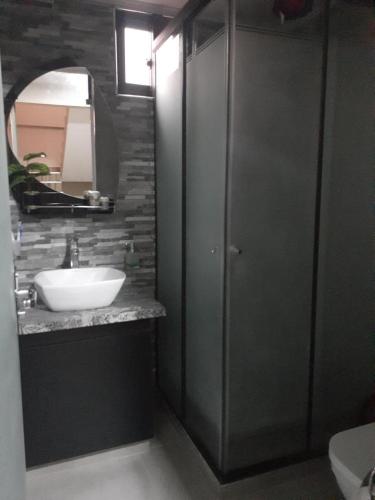 a bathroom with a sink and a mirror at Luxury House in Cochabamba