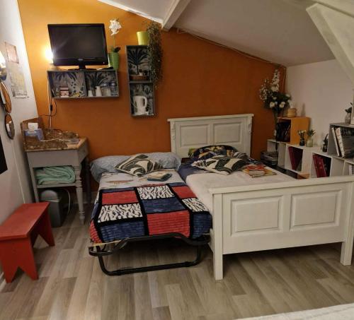 a bedroom with a bed with a tv on the wall at 2 CHAMBRES chez nous Sorties A62 6 ou 6 1 in Saint-Laurent