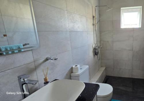 une salle de bain avec un lavabo blanc et des toilettes dans l'établissement Montagu Villa, à Flic-en-Flac