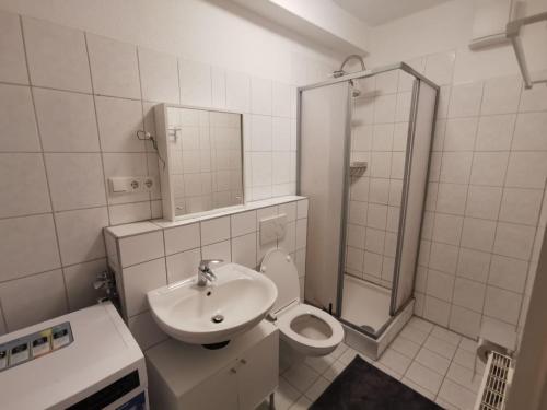 a bathroom with a sink and a toilet and a shower at Schwerin APARTmentS für Monteure in Schwerin