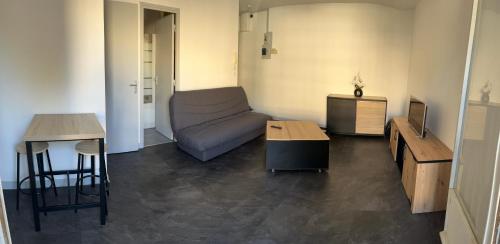 un salon avec un canapé et une table dans l'établissement Au calme Proche centre ville, jardin et commodités, à Bourges