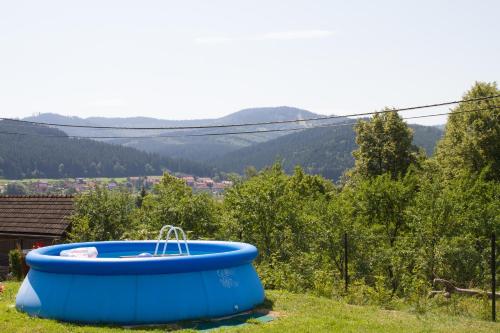 a blue hot tub sitting on top of a hill at Chalupa na Valašsku in Halenkov
