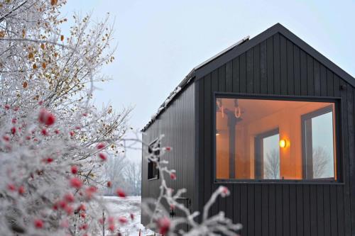 a black house with a window and a tree at Offgrid Cabin Klaudia am See in Brandenburg Tiny House Natururlaub & Retreat bei Berlin 