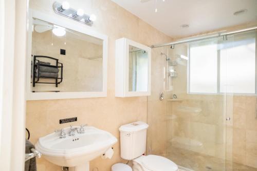 a bathroom with a toilet and a sink and a shower at Antigua Bay Villa in Bats Cave