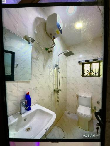 a bathroom with a shower and a sink and a toilet at Dearest service apartments in Lagos