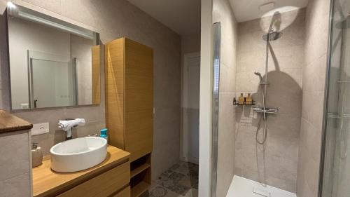 a bathroom with a sink and a shower with a mirror at Hypercentral Champagne Nest in Épernay