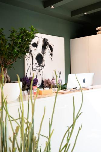 a table with a picture of a dog on the wall at Lu. b&b in Cervia