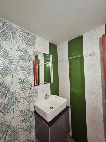 a bathroom with a sink and green and white wallpaper at Tranquil Nest Villa - Wayanad in Kalpetta