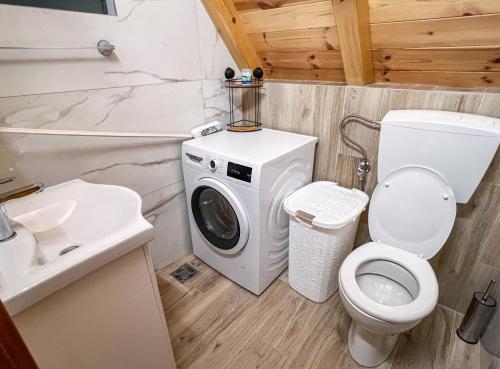a bathroom with a washing machine and a toilet at Villas Hidden Paradise in Žabljak
