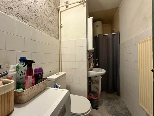 a small bathroom with a toilet and a sink at Prishtina Center Apartment in Pristina