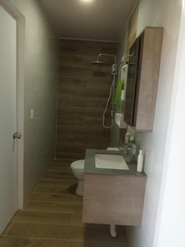 a bathroom with a toilet and a sink and a shower at Mi Sueño Caribeño in Nagua