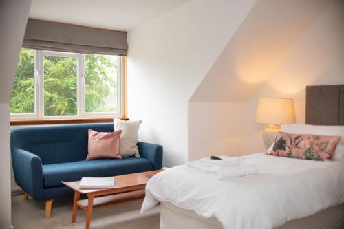 a bedroom with a bed and a blue couch at Lawhead Road East in St. Andrews