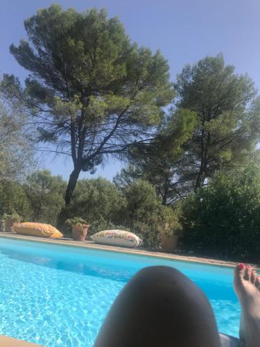 a person laying on the side of a swimming pool with their feet on the water at Le jardin secret de Laura in Lorgues