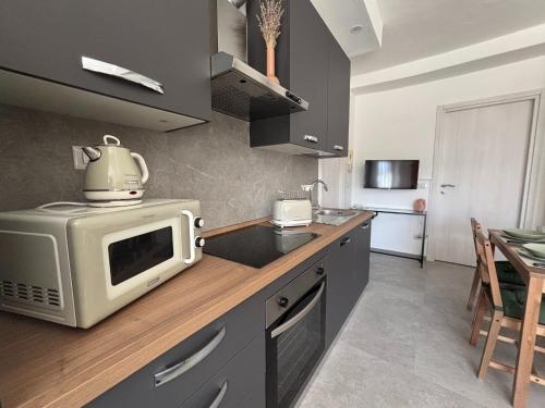 a kitchen with a microwave on top of a counter at Appartamento Il Giglio in La Morra