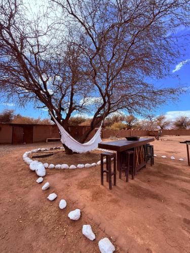 a picnic table and a hammock under a tree at MAKTVB - EcoLodge San Pedro de Atacama in San Pedro de Atacama