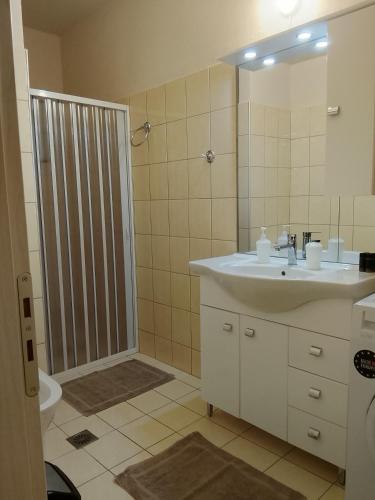 a bathroom with a sink and a shower with a mirror at ΔΙΑΜΈΡΙΣΜΑ ΜΕΝΤΗΣ in Igoumenitsa