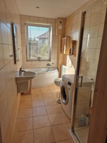 a bathroom with a sink and a washing machine at Apartment in Kietrz