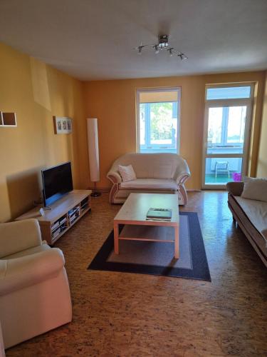 a living room with two couches and a coffee table at Apartment in Kietrz