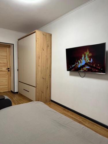 a bedroom with a bed and a tv on a wall at Затишні апартаменти для Вас in Uzhhorod