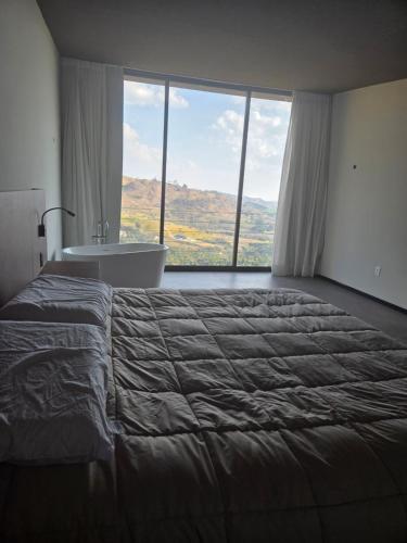 1 dormitorio con cama, bañera y ventana grande en Vinicola Spirito, en Espírito Santo do Pinhal