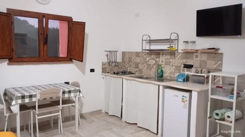 a small kitchen with a sink and a refrigerator at Su Saucu in Dorgali