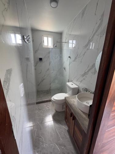 a bathroom with a shower and a toilet and a sink at Almare F4 in Puerto Escondido