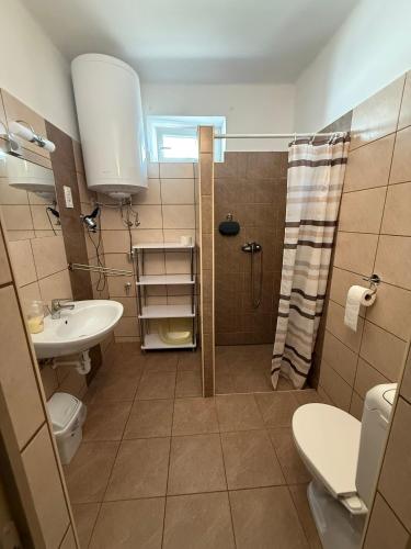 a bathroom with a sink and a toilet and a shower at Mária Vendégház in Bogács