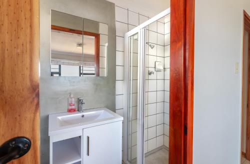 ReebokにあるOceanfront beach house, Reebok, Garden Routeの洗面台と鏡のあるバスルーム