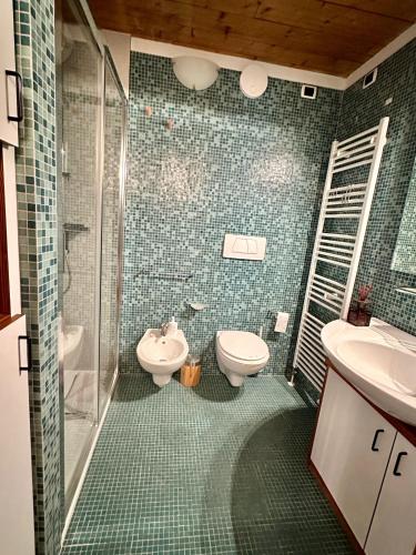 a green tiled bathroom with a toilet and a sink at Ca'Mugo, a chalet in the magic woods, near Cortina in Vodo Cadore