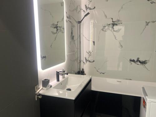 un baño con lavabo y espejo en Short Stay Expozitiei, en Baia Mare