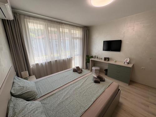 ein Schlafzimmer mit einem Bett, einem Fernseher und einem Fenster in der Unterkunft В къщи in Weliko Tarnowo