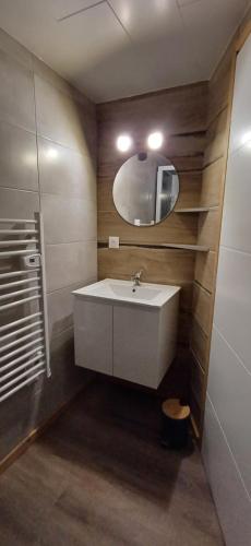 a bathroom with a white sink and a mirror at Appartement cosy 
