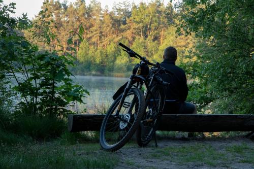 a man sitting on a bench with a bike at Tussen Heide en Bos in het Nationaal Park Hoge Kempen in Oudsbergen 