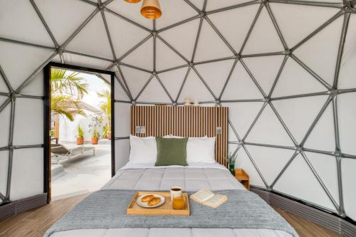 a bedroom with a bed in a glass walled room at Umbral Sky Domes in Roma Norte in Mexico City