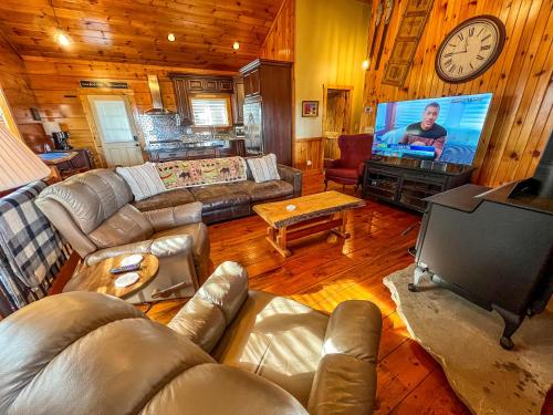 a living room with couches and a tv in a cabin at An Appalachian Hideaway in Brownwood