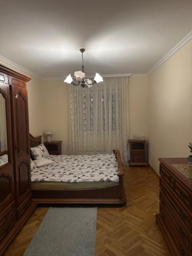 a bedroom with a bed and a chandelier at Central apartment Zemun in Zemun
